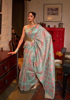 Sky Blue Floral Print Silk Saree Set