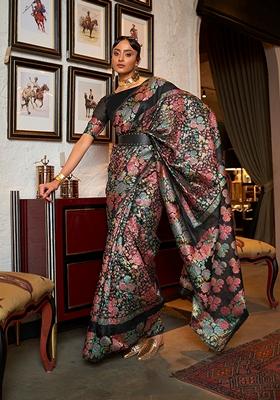 Black Floral Print Silk Saree Set