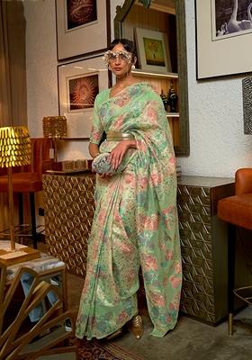 Light Green Floral Print Silk Saree Set