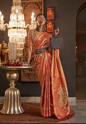 Orange Woven Silk Saree Set