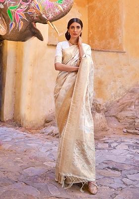 Cream Woven Silk Saree Set