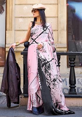 Pink Printed Satin Saree Set