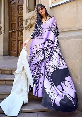 Lavender Printed Satin Saree Set