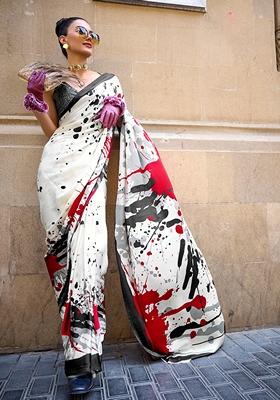 Multicolor Printed Satin Saree Set