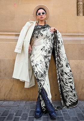 Off White Printed Satin Saree Set