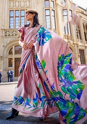 Light Pink Printed Satin Saree Set