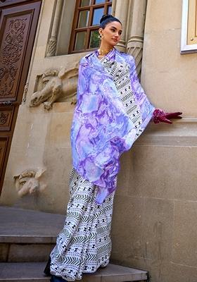 Blue Printed Satin Saree Set