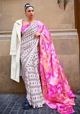 Pink Printed Satin Saree Set