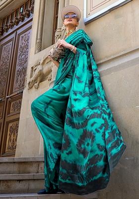Teal Printed Satin Saree Set