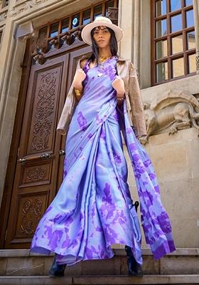 Lavender Printed Satin Saree Set