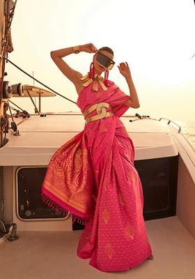 Rani Pink Woven Satin Saree Set