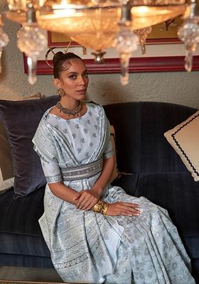 Light Sky Blue Woven Silk Saree Set