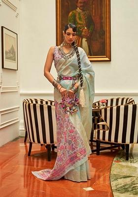 Sky Blue Woven Silk Saree Set