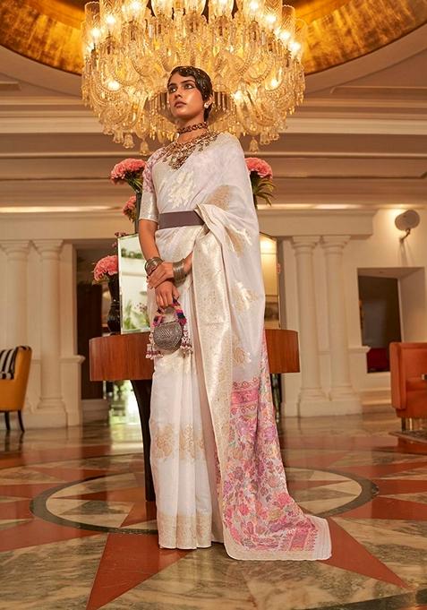 White Woven Silk Saree Set