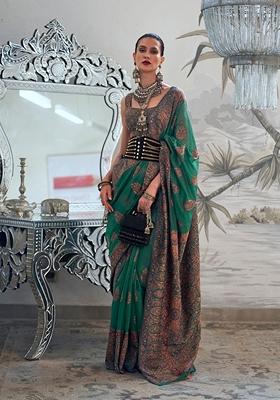 Dark Green Woven Silk Saree Set