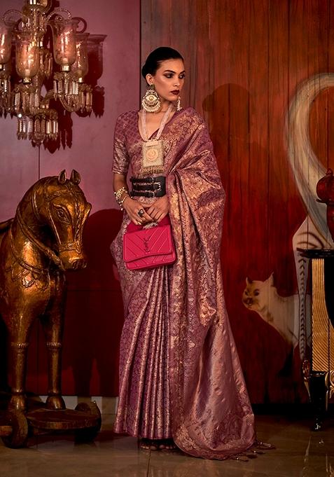 Mauve Woven Silk Saree Set