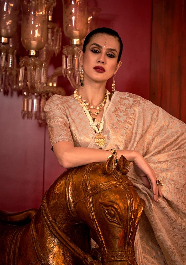 Cream Woven Silk Saree Set
