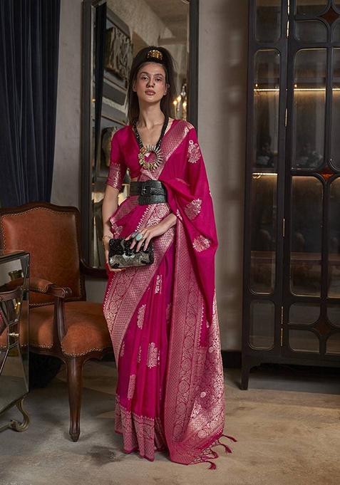 Rani Pink Woven Khadi Saree Set