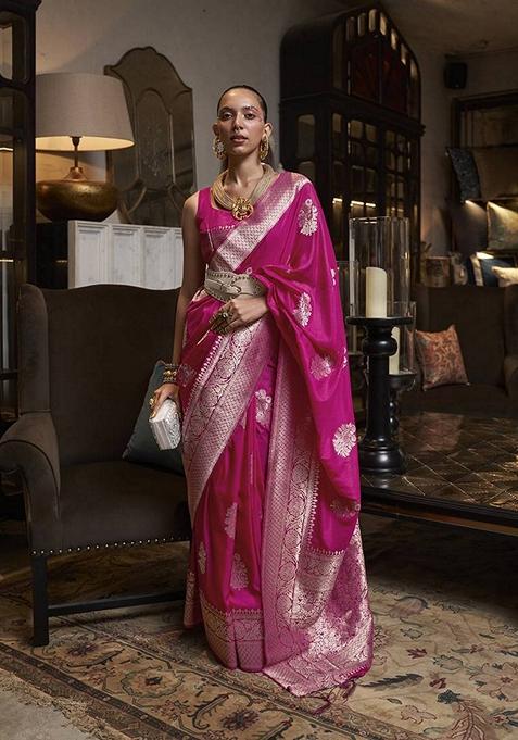 Rani Pink Woven Khadi Saree Set