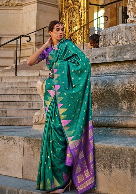 Teal Woven Silk Saree Set