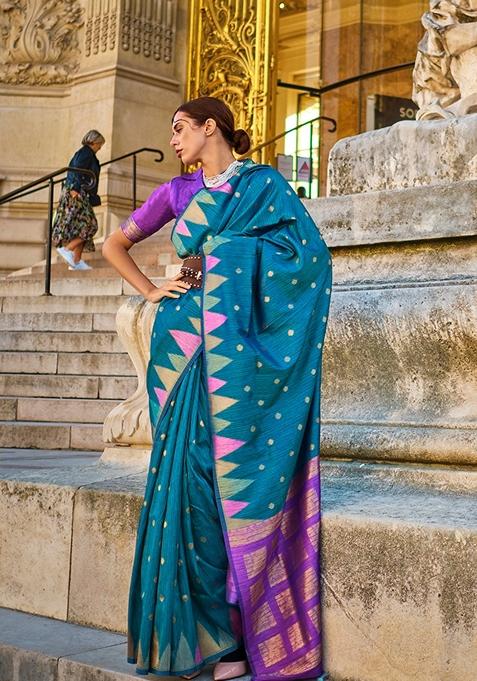 Aqua Blue Woven Silk Saree Set