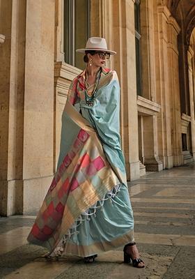 Light Sky Blue Woven Silk Saree Set