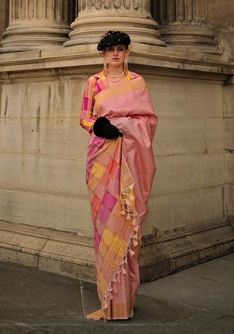 Peach Woven Silk Saree Set