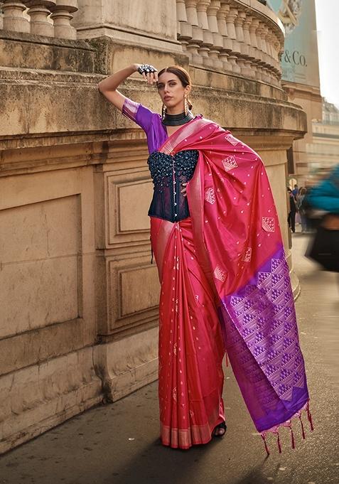 Magenta Woven Silk Saree Set