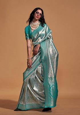 Sky Blue Woven Silk Saree Set