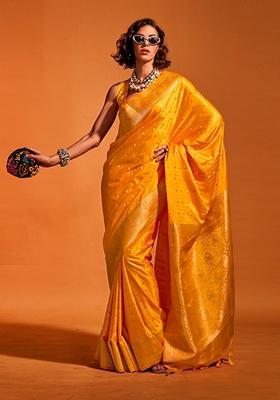 Mustard Woven Satin Saree Set