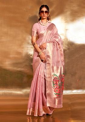 Baby Pink Woven Tissue Saree Set