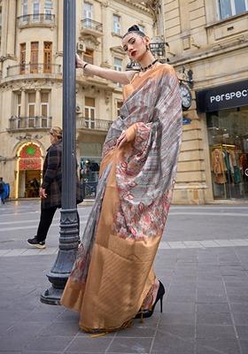 Grey Floral Print Brasso Saree Set