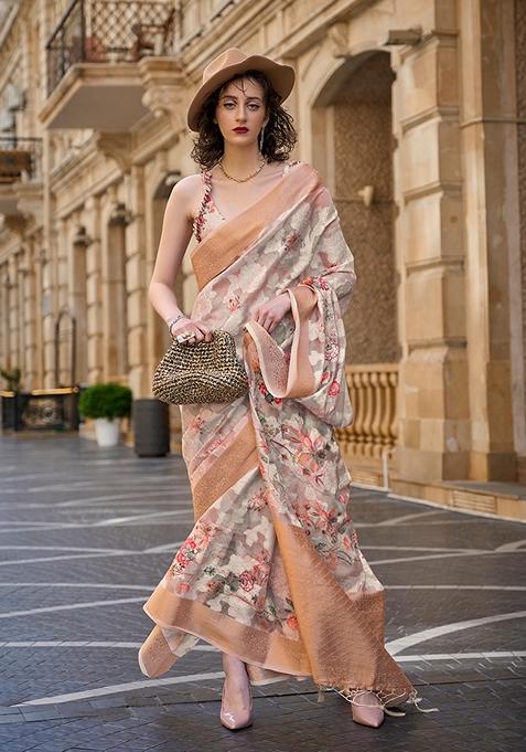 Cream Floral Print Brasso Saree Set