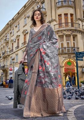 Grey Floral Print Brasso Saree Set