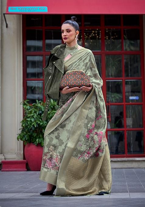 Olive Floral Print Brasso Saree Set