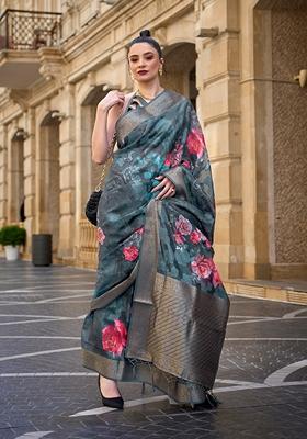 Black Floral Print Brasso Saree Set