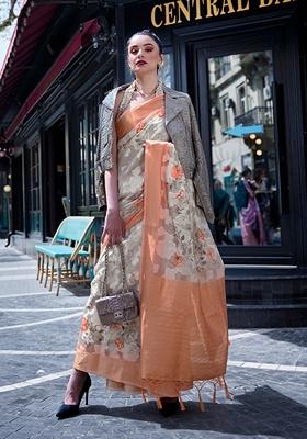 Off White Floral Print Brasso Saree Set