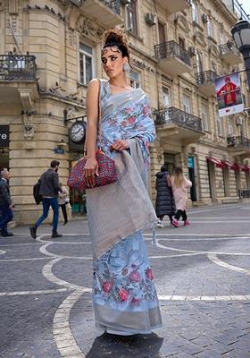 Sky Blue Floral Print Brasso Saree Set