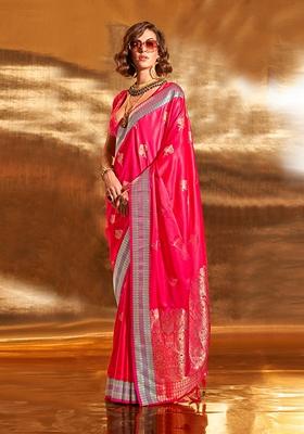 Dark Pink Woven Satin Saree Set