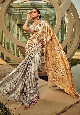 Beige Floral Print Satin Saree Set
