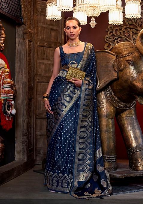 Navy Blue Woven Satin Saree Set