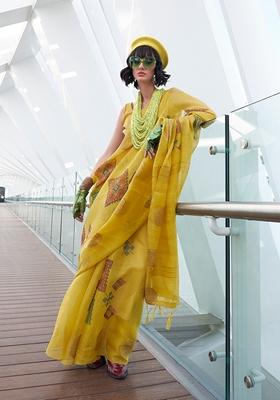 Yellow Printed Tissue Saree Set