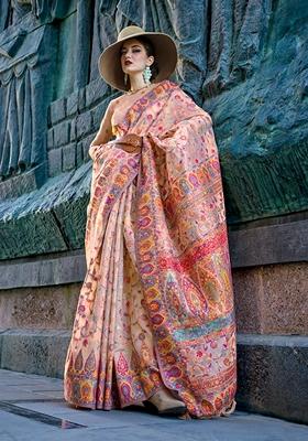 Beige Woven Organza Saree Set