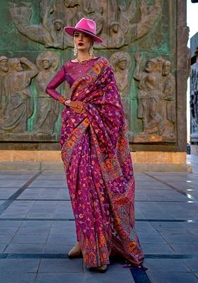 Dark Purple Woven Organza Saree Set