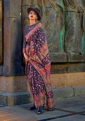 Navy Blue Woven Organza Saree Set