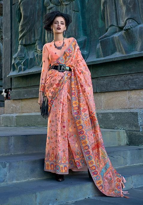 Peach Woven Organza Saree Set