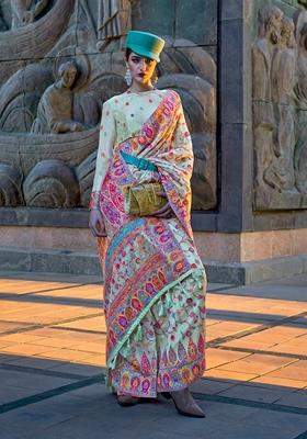 Light Cyan Woven Organza Saree Set