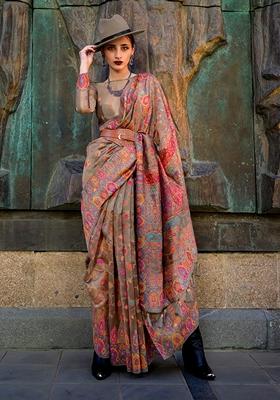 Chiku Brown Woven Organza Saree Set