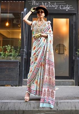 Off White Floral Print Satin Saree Set