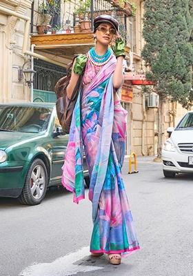 Sky Blue Floral Print Satin Saree Set